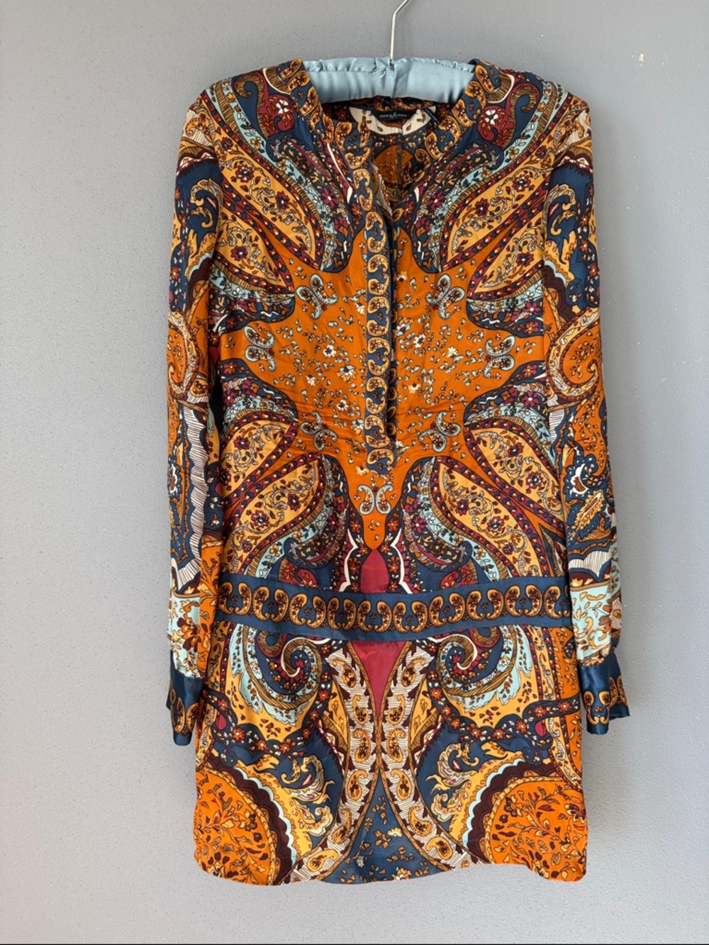 Guess by Marciano Silk Paisley Tunic Dress Top Boho Orange Navy w/ Buttons Flowy